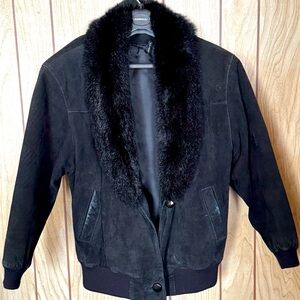 Vintage Korean black suede leather fur trim v neck coat Medium retro punk